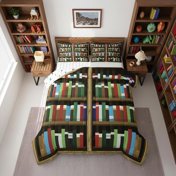 Manfei Pixel Bookshelf Kids Comforter Set,Pixelated Bookcase Vedio Game Bedding Set All Season,Books Modern Building Games Comforter 2 Pcs with 1 Pillowcase,Toddler Size
