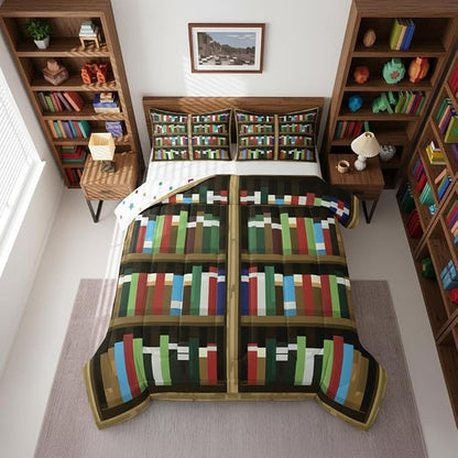 Manfei Pixel Bookshelf Kids Comforter Set,Pixelated Bookcase Vedio Game Bedding Set All Season,Books Modern Building Games Comforter 2 Pcs with 1 Pillowcase,Toddler Size