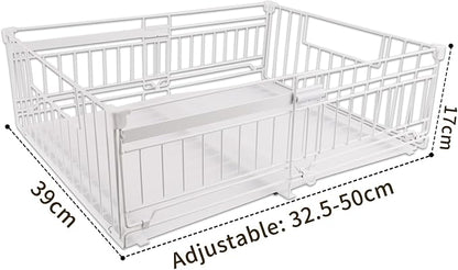 Expandable Pull Out Cabinet Organiser, No Drill Adhesive Slide Out Kitchen Drawer Shelf Durable Metal for Under Sink, Cupboard, Pantry, Adjustable Width (12.8"-19.7") (Style B White, 1 Pack)