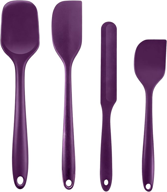 Silicone Spatula Set, Food Grade Rubber Spatula, 4 Pcs Heat Resistant Silicone Spatulas, One Piece Design Non-Stick Kitchen Utensils for Cooking, Stirring, Baking & Mixing, Dishwasher Safe (Purple)