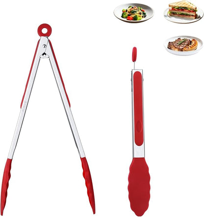 9+12 Inch Red Salad Tongs 2-Piece Set, Silicone with 304 Stainless Steel Core & Non-Slip Grip, Kitchen Utensils for Grilling Salad