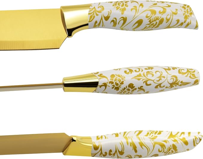 Knife Block Set, Gold Sharp Knives with Acrylic Block, Stainless Steel Kitchen Knife Set with Serrated Steak Knife, Chef Knife, Bread Knife, Scissors, Sharpener, 14Pcs Professional Knife Set for gift
