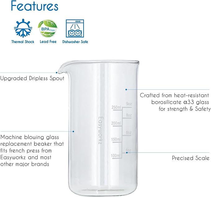 Easyworkz Borosilicate Glass Replacement Beaker for 12oz French Press Coffee Maker