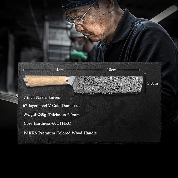 VG10 7inch Nakiri 67 layers Damascus Forged Stainless Steel kitch Knife PAKKA Handles.Black Walnut Wood Sheath Single-piece set