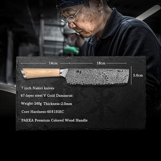 VG10 7inch Nakiri 67 layers Damascus Forged Stainless Steel kitch Knife PAKKA Handles.Black Walnut Wood Sheath Single-piece set