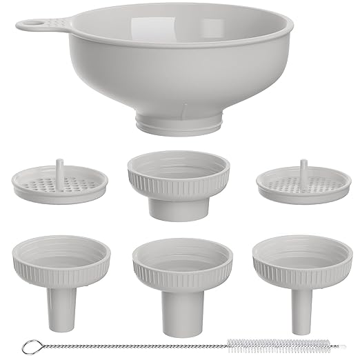 Pisol Wide Mouth Versatile Funnel, Canning Funnels for Kitchen Use, Food Grade Plastic Cooking Funnel Set with 4 Size Spouts and 2 Strainers for Filling Different Bottles and Bags, Grey