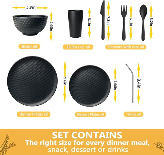 Teivio 32-Piece With Flatware Kitchen Plastic Wheat Straw Dinnerware Set, Service for 8, Dinner Plates, Dessert Plate, Cereal Bowls, Cups, Unbreakable Plastic Outdoor Camping Dishes, Gray Ombre
