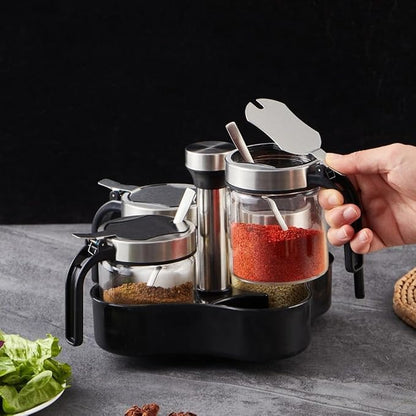 Revolving Condiment Pots Sugar Bowl Salt & Pepper Cellar with Lid and Spoon, Set of 4 Seasoning Box Spice Jar with 360 Rotating Tray for Kitchen, 2 Pots+2 Oil Dispenser Bottles