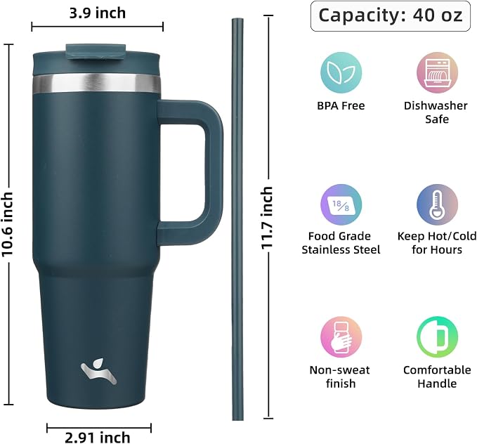 Konokyo 40 oz Tumbler with Handle and 2 Straws,2 in 1 Lid Insulated Water Bottle Stainless Steel Travel Coffee Mug,Navy blue
