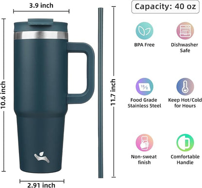 Konokyo 40 oz Tumbler with Handle and 2 Straws,2 in 1 Lid Insulated Water Bottle Stainless Steel Travel Coffee Mug,Navy blue