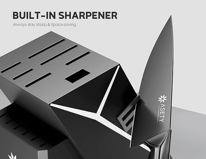 Kitchen Knife Sets with Block -15 PCS Knife Set with Bulti-in Sharpener, Dishwasher Safe, Stainless Steel Kitchen Knife with Ergonomic Handles, Sharp knives for Men and Women,Fathers day, Black