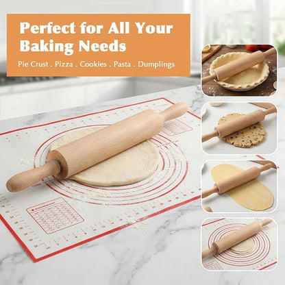 Rolling Pin Set for Baking, Wooden Dough Roller with a 24×16 Inch Silicone Mat and Stand, Kitchen Pastry Baking Accessories for Pie Crust, Cookies, Pizza Dough and Bread