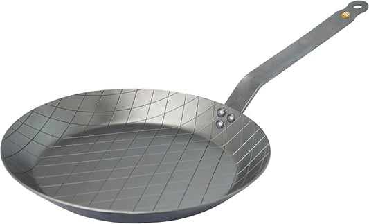 de Buyer MINERAL B Carbon Steel Steak Pan - 9.5” Diameter, 6.9” Cooking Surface - Ideal for Searing & Browning Meat - Naturally Non-Stick Finish - Made in France