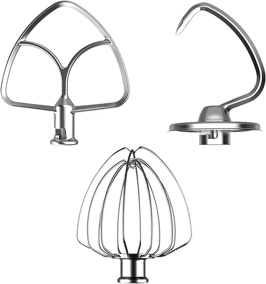 3 Pack Stainless Steel Mixer Attachments Set for KitchenAid 4.5-5 Quart Tilt-Head Stand Mixers, Replacement Parts Kit with K45DH Dough Hook, K45B Coated Flat Beater, K45WW Wire Whip, Dishwasher Safe