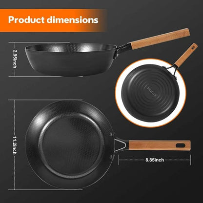 11-Inch Carbon Steel Frying Pan with Glass Lid, Pre-Seasoned Skillet with Honeycomb Interior, Deep Nonstick Fry Pan for Eggs, Omelets, Fried Rice, All Cooktops Compatible, Oven Safe 450°F