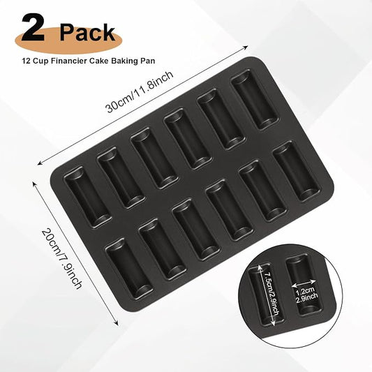 2 Pack Financier Cake Baking Pan, 12-Cavity Non-Stick Rectangle Muffin Pan, Carbon Steel Financier Cake Mold, Biscuits Cookies Bakeware for Oven Baking – Black
