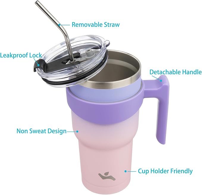 Konokyo 40 oz Tumbler with Handle and 2 Straw 2 Lid, Insulated Water Bottle Stainless Steel Vacuum Cup Reusable Travel Mug,Pastel Sunset