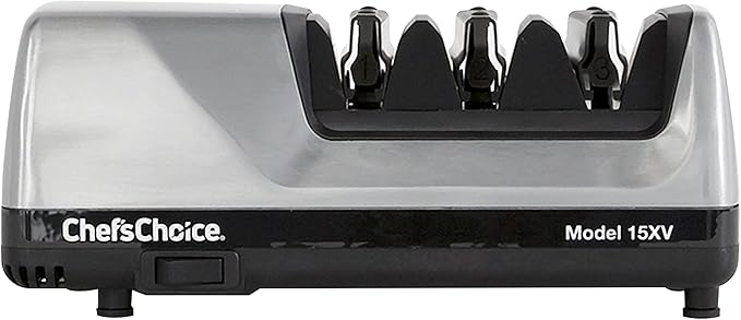 Chef'sChoice 15XV Professional Electric Knife Sharpener with Durable Metal Housing & 100-Percent Diamond Abrasives and Precision Angle Guides for Straight Edge and Serrated Knives, 3-Stage, Metallic