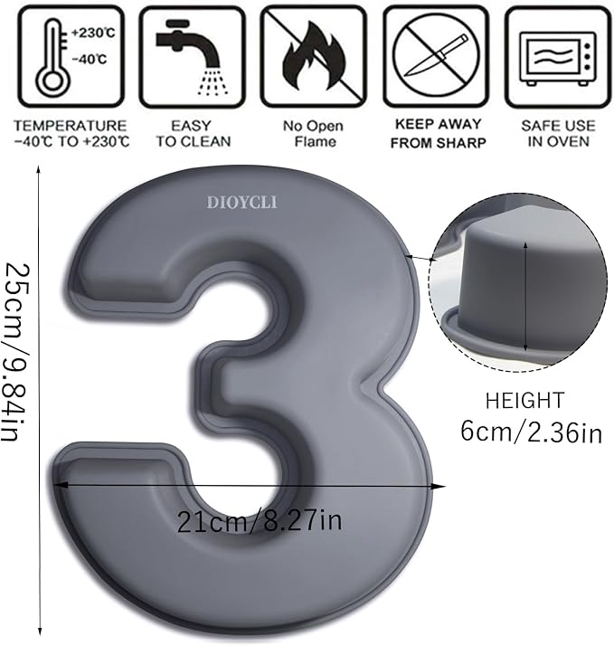 Dioycli Number Cake Molds for Baking 3D Silicone Cake Molds DIY Personalized Cake Pan for Birthday Wedding and Anniversary Number 3 Cake Pan of 10 Inch