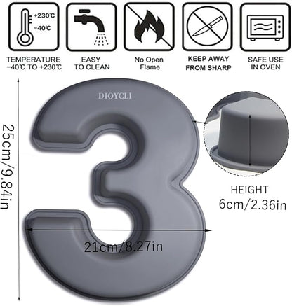 Dioycli Number Cake Molds for Baking 3D Silicone Cake Molds DIY Personalized Cake Pan for Birthday Wedding and Anniversary Number 3 Cake Pan of 10 Inch
