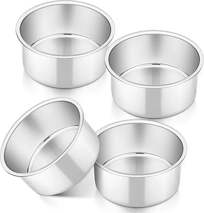P&P CHEF 4 Inch Cake Pan Set of 4, Stainless Steel Baking Round Cake Pans Tins Bakeware for Birthday Wedding, Leak-proof & Easy Clean, Mirror Finish & Easy Releasing