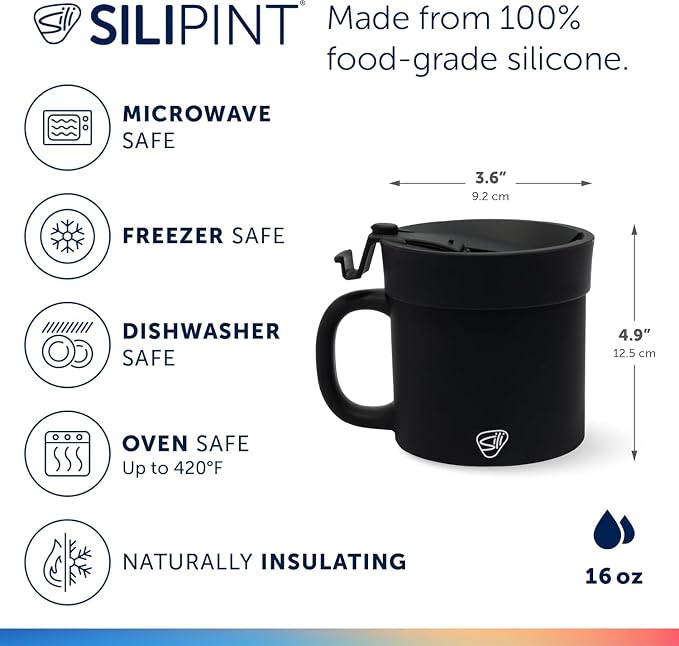 Silipint 16oz Silicone Coffee Mug Tumbler with Flip Lid – Unbreakable Dishwasher Safe Microwave Oven & Freezer Compatible – Non-Toxic Reusable Cup, Coffee Tea, Cold Drinks, Classic Black - Pack of 2