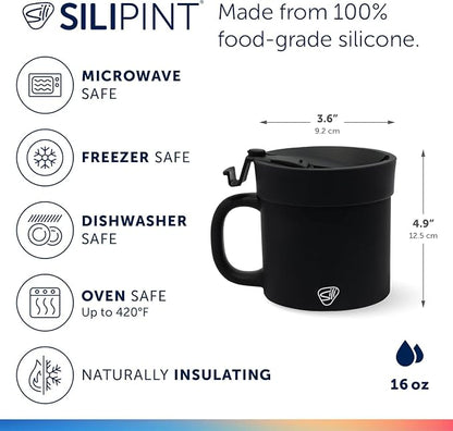 Silipint 16oz Silicone Coffee Mug Tumbler with Flip Lid – Unbreakable Dishwasher Safe Microwave Oven & Freezer Compatible – Non-Toxic Reusable Cup, Coffee Tea, Cold Drinks, Classic Black - Pack of 2