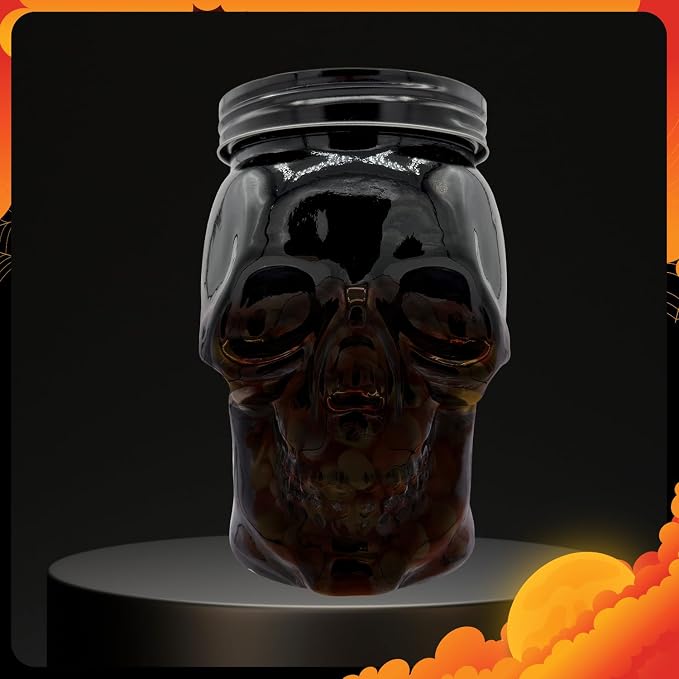 DURA LIVING Set of 2 Skull Mason Jar Glasses with Lids | 42oz Reusable Halloween Drinking Glasses | Unique Skull Décor, Storage, & Canning Jars for Parties & Gifts