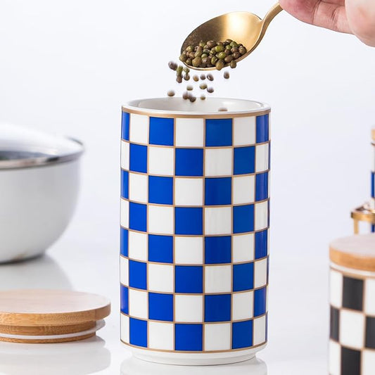 Kitchen Countertop Ceramic Checkered Canisters,Black And White Food Storage Containers With Lid,Airtight Kitchen Canisters for Flour, Sugar, Coffee, Tea, and Dry Goods (Blue, Large)