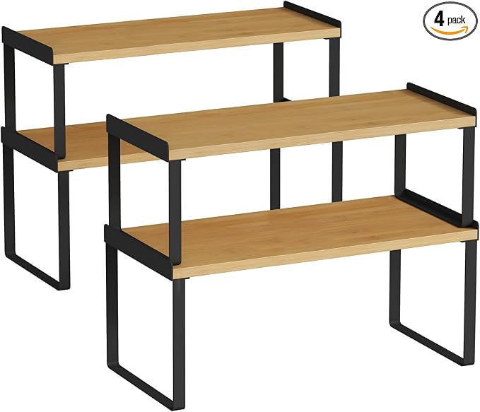 Goozii Kitchen Cabinet Shelf Organizer Set of 4, Stackable Cabinet Shelves Riser for Plates Dishes Cups Mugs Spices, Pantry Cupboard Cabinet Organizers and Storage Shelves Rack Insert for Counter
