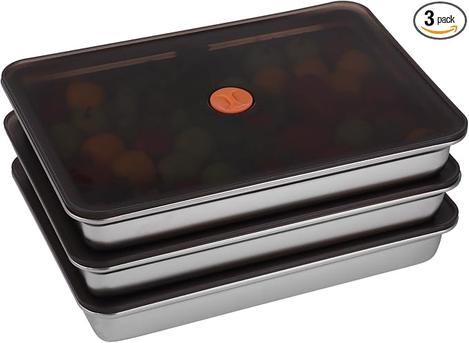 3 Pcs Stainless Steel Food Storage Containers, Stackable Square Dumpling Plate with Clear Lid, Leak-Proof & Space Saving, Ideal for Fridge, Kitchen & Picnic Food Storage