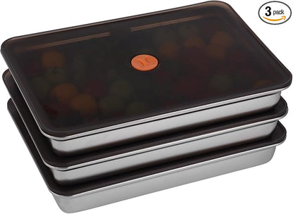 3 Pcs Stainless Steel Food Storage Containers, Stackable Square Dumpling Plate with Clear Lid, Leak-Proof & Space Saving, Ideal for Fridge, Kitchen & Picnic Food Storage