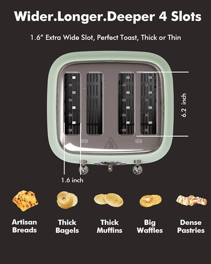 Retro 4-Slice Toaster - 6 Settings, Stainless Steel Body, Defrost/Cancel Button & Crumb Tray, Vintage Green