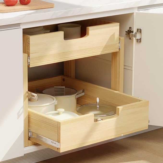 Pull Out Cabinet Organizer, 26''W×21''D Sliding Drawers for Cabinets, 2 Tier Soft Close Slide Out Wooden Pull out Drawers, Base Cabinet Organization for Kitchen, Pantry, Bathroom