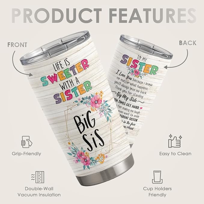 Sister Gifts - Sister Stainless Steel 20oz Tumbler, Insulated Travel Mug, Gifts for Birthday, Christmas, Women, Girls, Best Friends