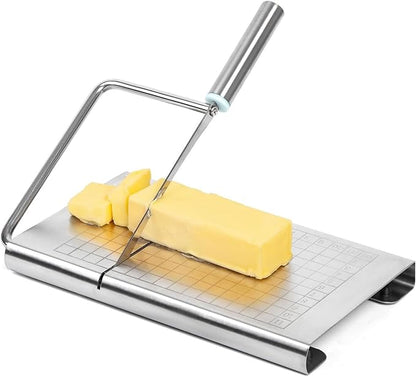 Multipurpose Stainless Steel Cheese Cutter, Bread Slicers with Precision Grid Scale and Anti Slip Base for Block Cheese, Butter, Bread, Sausages, Fruits, Kitchen Gadget Cheese Cutting Board