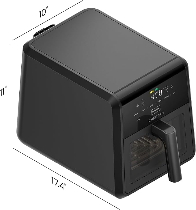Chefman Air Fryer TurboFry 7-Qt, 6-in-1 High-Powered 450°F Cooking for Crispier Results, Compact Space-Saving Design, Air Fry, Bake, Broil, Reheat, Dehydrate, Defrost, Fast & Even Cooking – Black