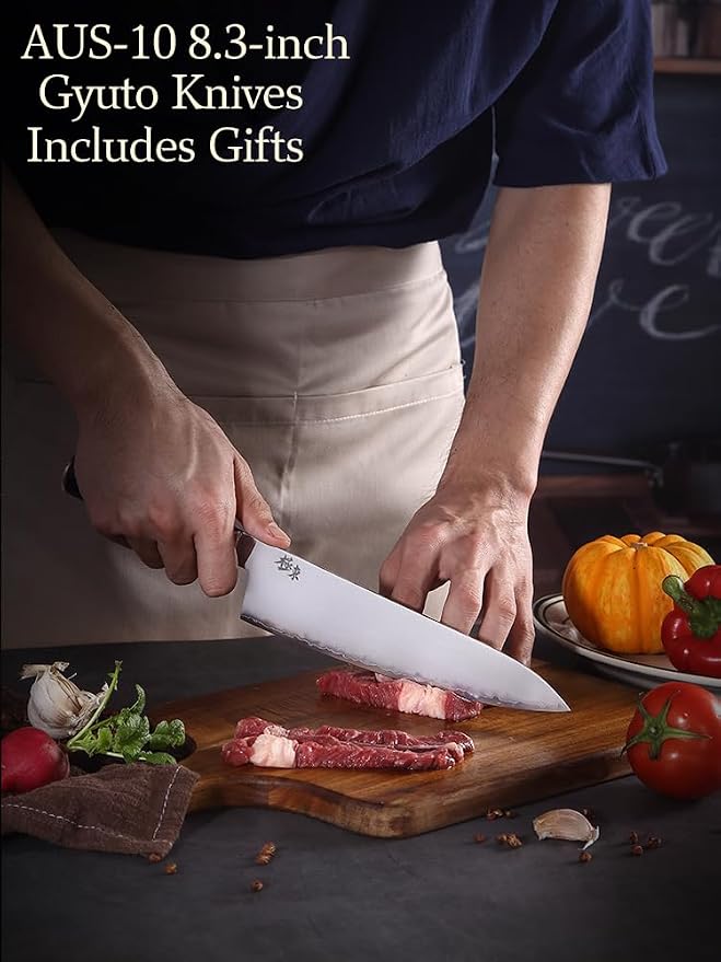 Japan Aichi AUS10 Triple Layer Composite Steel 8.3-inch Chef's Knife， Gyuto，Meat Cleavers，G10 Handle, Forged Kitchen Knife，Black Walnut Knife Sheath Set
