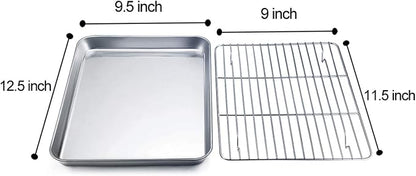 TeamFar Baking Tray and Rack Set, Stainless Steel Baking Pan Cookie Sheet with Cooling Rack, 12.5 x 9.5 x 1 inch, Non Toxic & Healthy, Easy Clean & Dishwasher Safe
