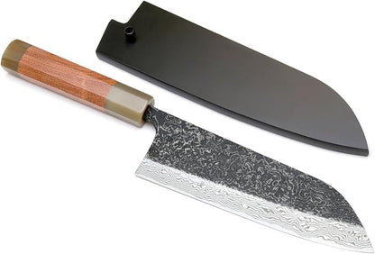 Yoshihiro Black-Forged High Performance SLD Damascus Steel Santoku Multipurpose Knife (7'' (180mm), Ironwood Handle) (With Saya)