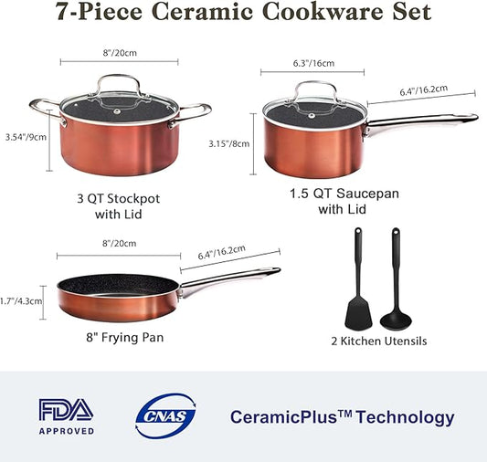 M MELENTA Pots and Pans Set Non Stick, 7 Piece Ceramic Cookware Set, Non Toxic Kitchen Induction Cookware Sets, Pots and Pans Cooking Set with Oven Safe Handle, 100% PFOA Free, Copper