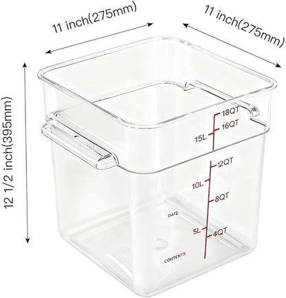 4 Pack Food Storage Containers with Red Lids, 18.0 Qt - Square, Clear, Polycarbonate, for Restaurant Commercial Kitchen and Home party