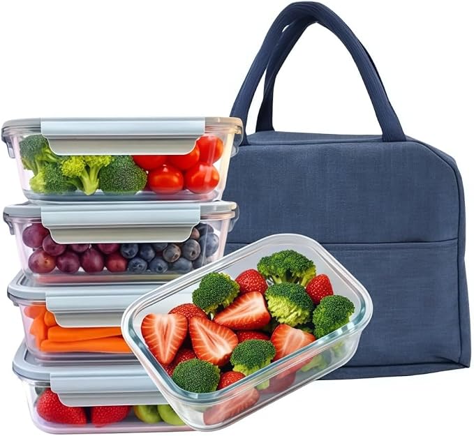 5Pack (14oz with Lunch Bag) Glass Food Storage Containers with Lids for Kitchen Meal Prep, Fridge Organization, Lunch Box