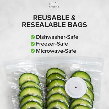 Chef Preserve Reusable Vacuum Sealer Bags for Food - 30 BPA-Free Large (12 x 13 in) Food Storage Bags, Freezer, Microwave - Odor-Resistant, Leak-Proof - Compatible with Chef Preserve Vacuum Sealers