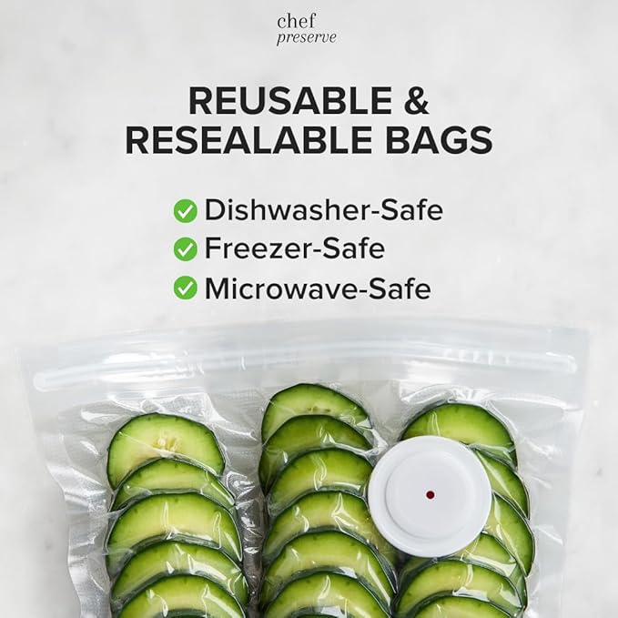 Chef Preserve Reusable Vacuum Sealer Bags for Food - 30 BPA-Free Medium (10 x 11 in) Food Storage Bags, Freezer, Microwave - Odor-Resistant, Leak-Proof - Compatible with Chef Preserve Vacuum Sealers