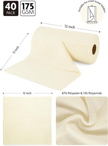 Fantasticlean Microfiber Cleaning Cloth Roll -40 Pack, Tear Away Microfiber Towels, 12" x 12", Reusable, Washable, Scratch Free, Ultra Absorbent Dishcloth for All-Around Cleaning Supplies (Beige)