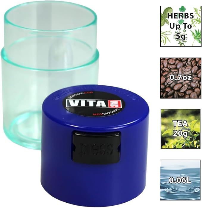 Vitavac - 5g to 20 grams Airtight Multi-Use Vacuum Seal Portable Storage Container for Dry Goods, Food, and Herbs - Dark Blue Clear