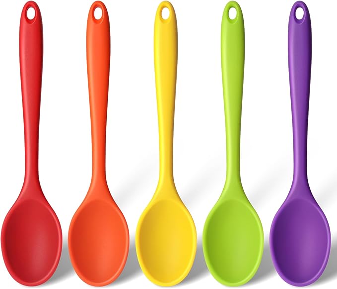 HANSGO 5PCS Small Silicone Spoons, 8 Inch Silicone Mixing Spoons for Baking, Cooking, Tasting, Quiet Stirring Hot Cocoa, Sauce, Risotto, Safe & Nonstick, Kitchen Gifts for Women, Cooking Gifts for Men