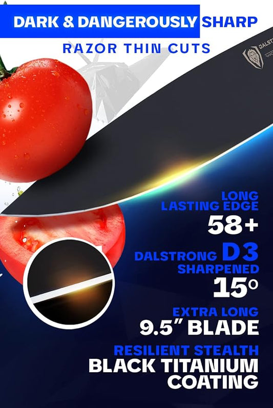 Dalstrong Chef Knife - 9.5 inch - Shadow Black Series - Black Titanium Nitride Coated - Razor Sharp Kitchen Knife - High Carbon 7CR17MOV-X Vacuum Treated Steel - Sheath - NSF Certified