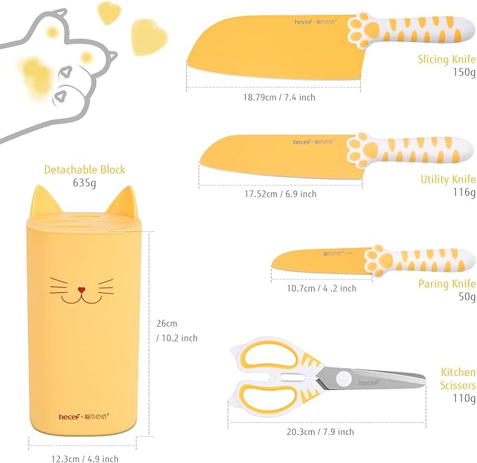 hecef Cute Kitchen Knife Set, Dishwasher Safe, 5-piece Non-Stcik Knives Set with Detachable Block and Scissors,Sharp Kitchen Knives for Chopping, Slicing, Dicing and Cutting (Yellow)